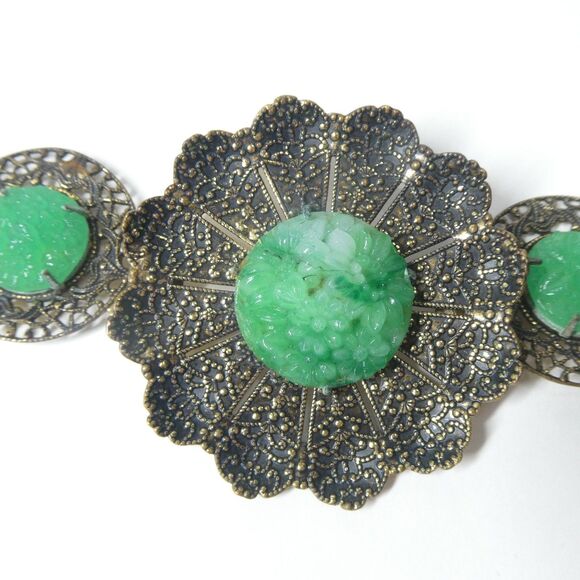Metal Flower Link Belt w/ Carved Green Glass 26" Small Vintage Victorian - Picture 2 of 13